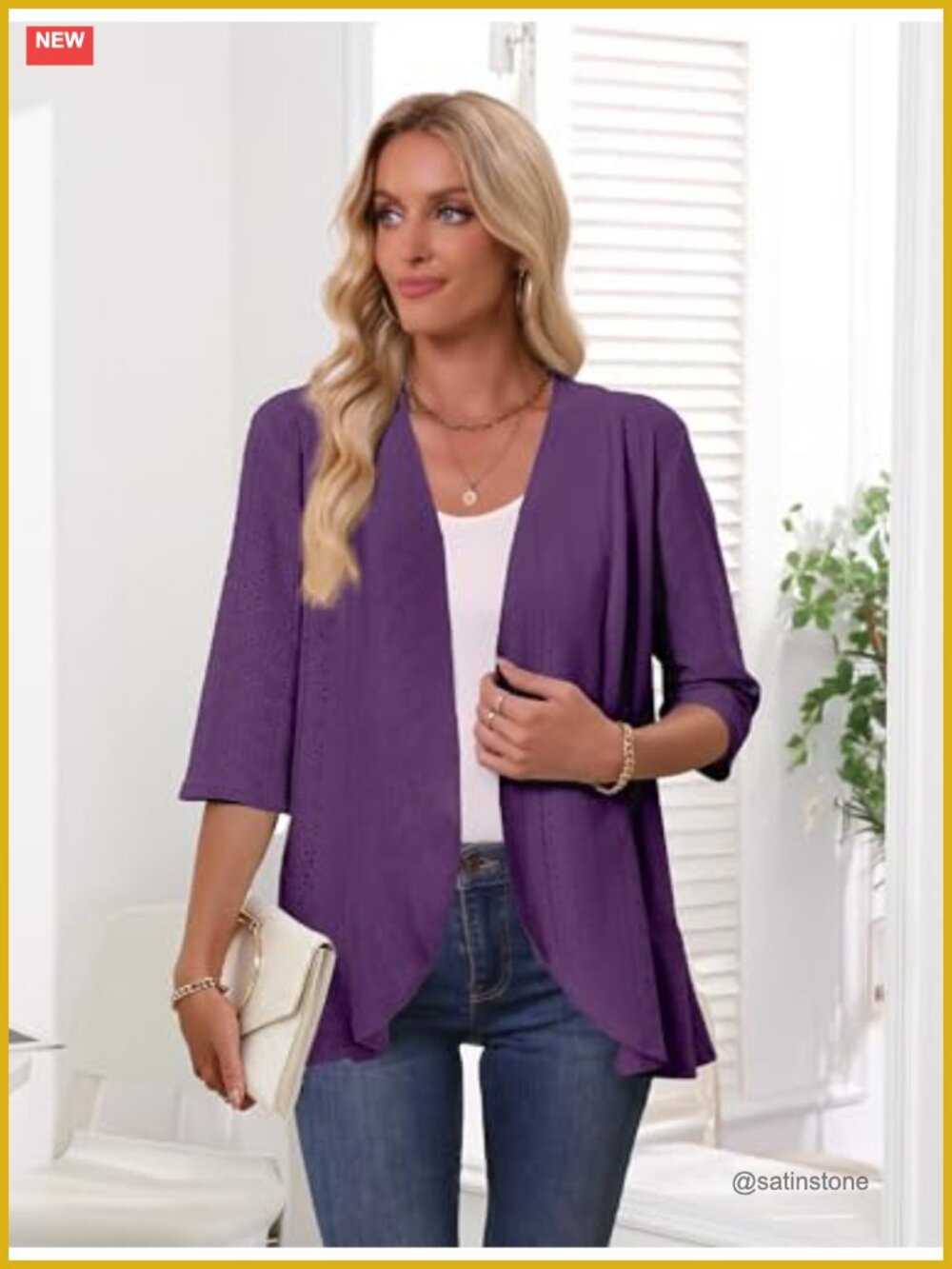 Women's Open Front 3/4 Sleeve Knit Cardigan Lightweight Mesh Crochet Ruffled - Picture 4 of 6